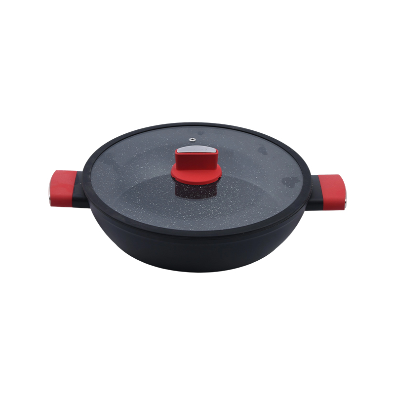 Smeden Aluminium Ondiepe Casserole mei Silicone Rim Glass Lid